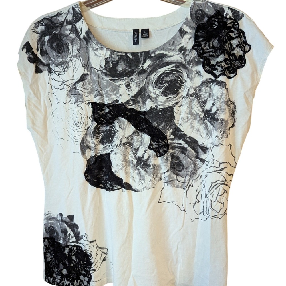 Relativity Womens Large White Floral Lace Applique Cap Sleeve Scoop Neck Top